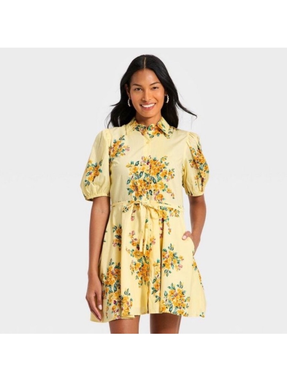 NWT A New Day Women's Balloon Short Sleeve Mini Shirtdress Yellow Floral XS